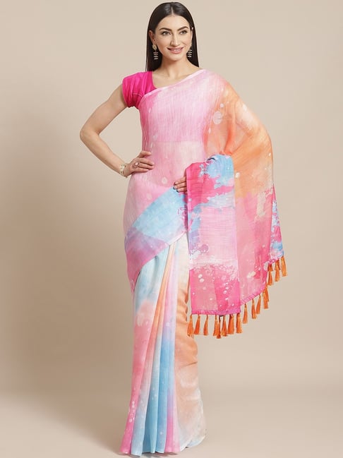 Vastranand Pink & Blue Printed Saree With Unstitched Blouse Price in India