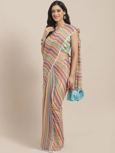 Vastranand Yellow & Blue Striped Saree With Unstitched Blouse Price in India