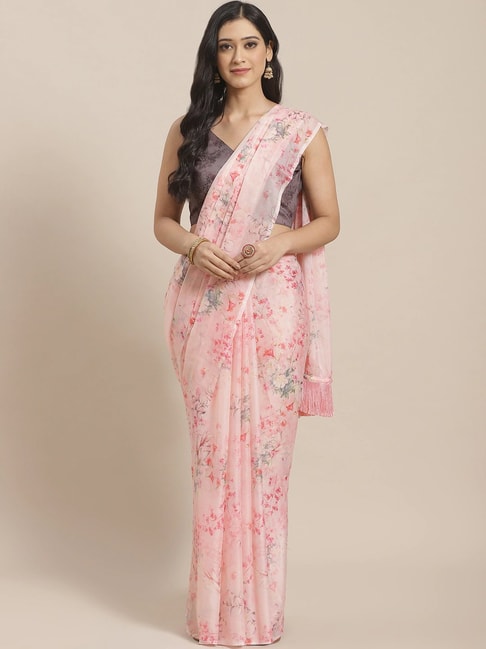 Vastranand Blush Pink Floral Print Saree With Unstitched Blouse Price in India