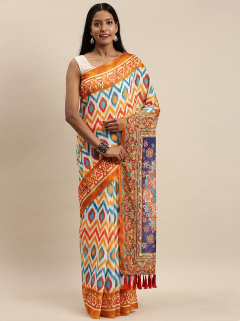 Vastranand White & Orange Printed Saree With Unstitched Blouse Price in India