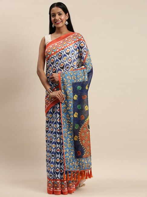 Vastranand White & Navy Printed Saree With Unstitched Blouse Price in India