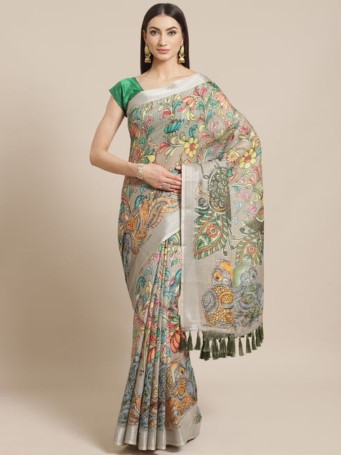 Vastranand Grey Floral Print Saree With Unstitched Blouse Price in India
