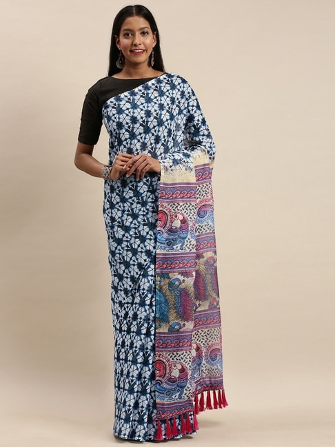 Vastranand White & Blue Printed Saree With Unstitched Blouse Price in India