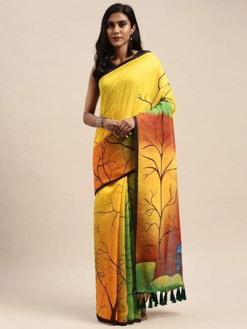 Vastranand Yellow & Green Printed Saree With Unstitched Blouse Price in India