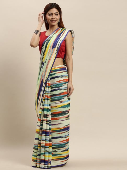 Vastranand Mint Green & Blue Striped Saree With Unstitched Blouse Price in India
