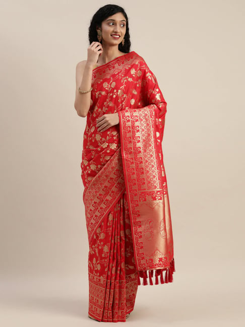 Vastranand Red Woven Saree With Unstitched Blouse Price in India