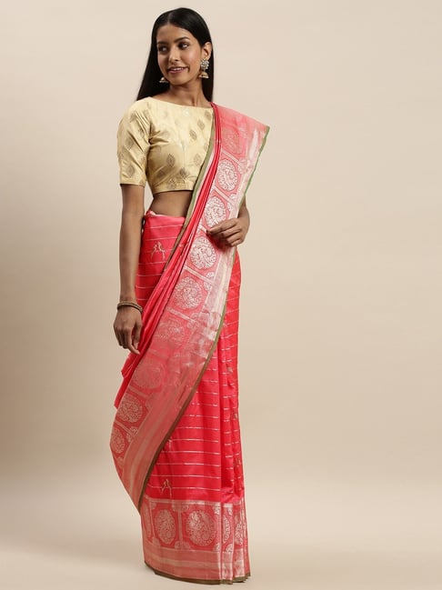 Vastranand Peach Woven Saree With Unstitched Blouse Price in India