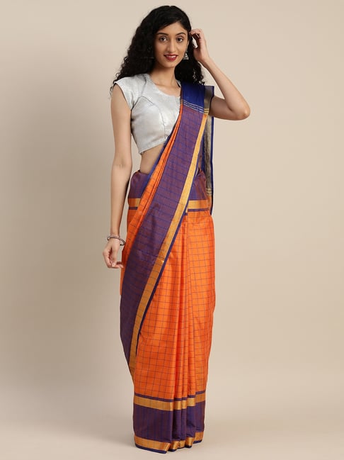 Vastranand Orange Chaquered Saree With Unstitched Blouse Price in India