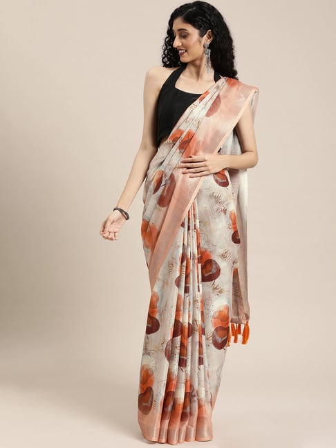 Vastranand Off-White & Orange Printed Saree With Unstitched Blouse Price in India
