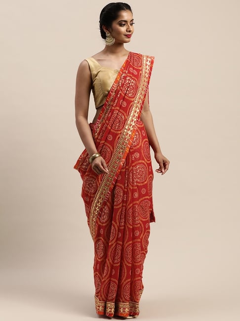 Vastranand Red Printed Saree With Unstitched Blouse Price in India
