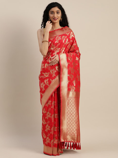 Vastranand Red Woven Saree With Unstitched Blouse Price in India