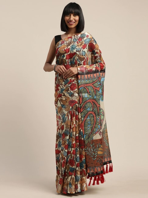 Vastranand Cream & Red Floral Print Saree With Unstitched Blouse Price in India