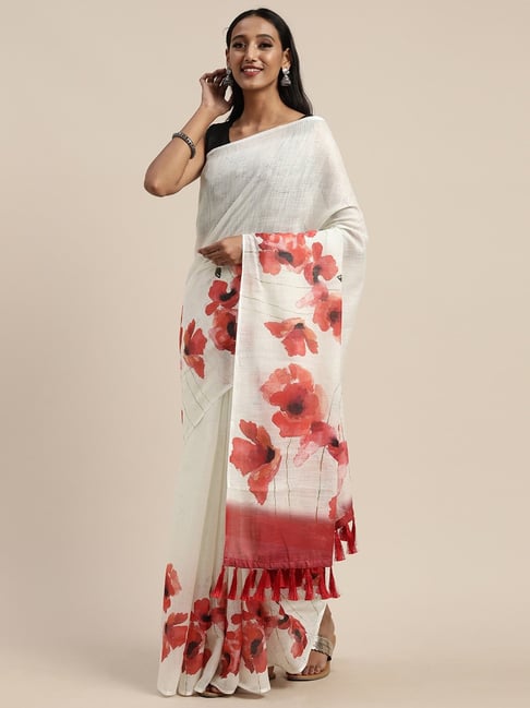 Vastranand Off-White Floral Print Saree With Unstitched Blouse Price in India