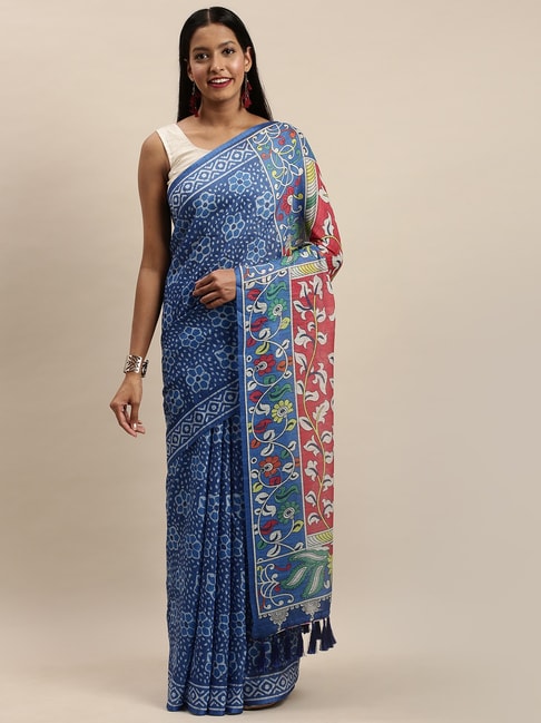 Vastranand Blue Printed Saree With Unstitched Blouse Price in India