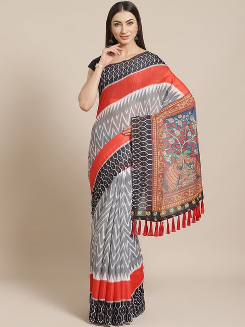 Vastranand Grey Printed Saree With Unstitched Blouse Price in India