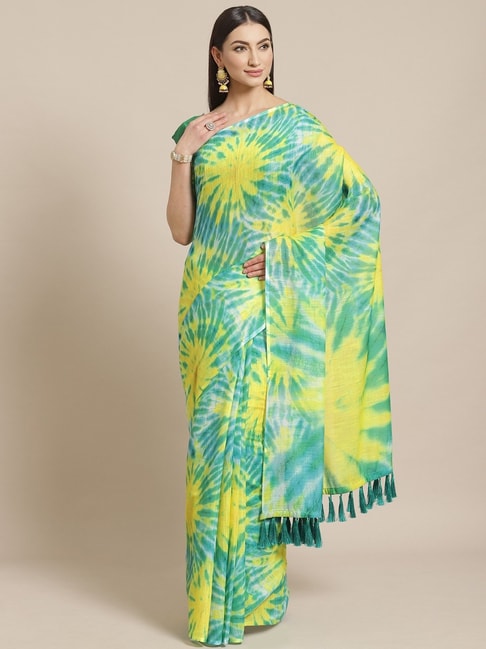 Vastranand Sea Green & Yellow Printed Saree With Unstitched Blouse Price in India