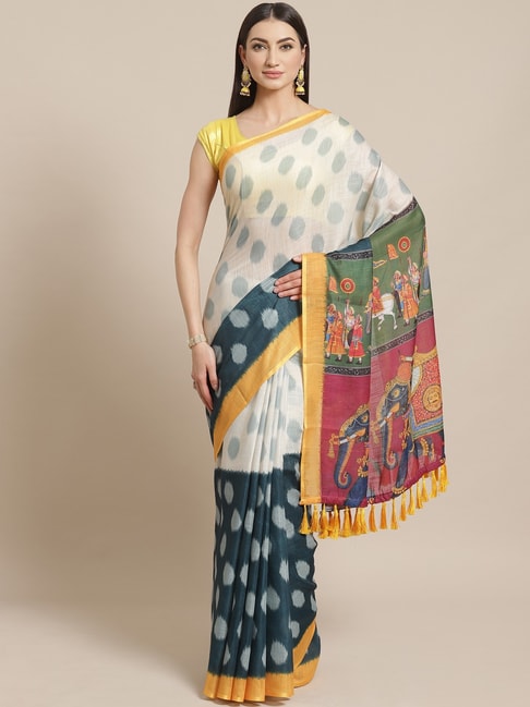 Vastranand Cream & Blue Printed Saree With Unstitched Blouse Price in India