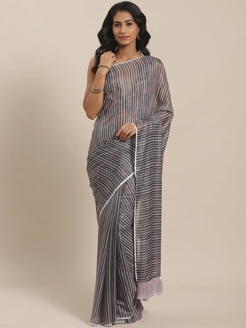 Vastranand Grey Striped Saree With Unstitched Blouse Price in India