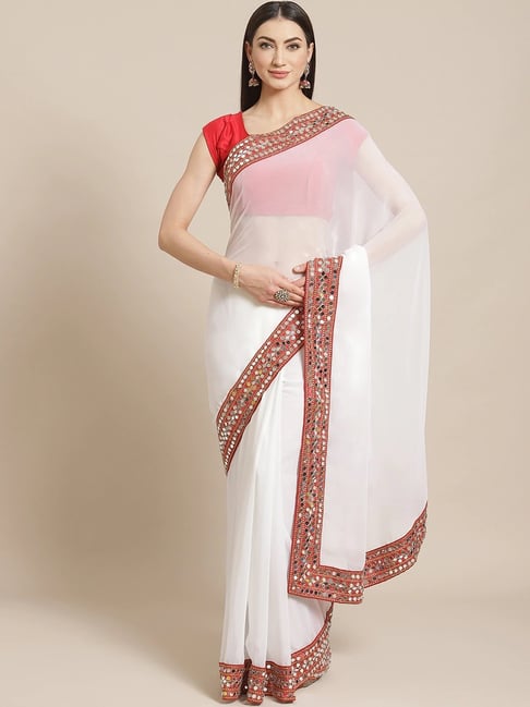 Vastranand White Saree With Unstitched Blouse Price in India