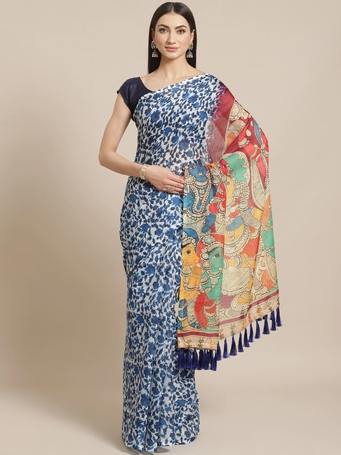 Vastranand Blue & White Printed Saree With Unstitched Blouse Price in India