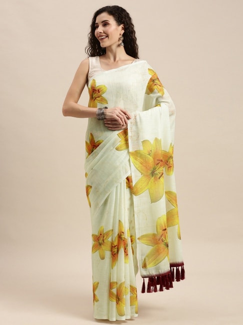 Vastranand Cream & Yellow Floral Print Saree With Unstitched Blouse Price in India
