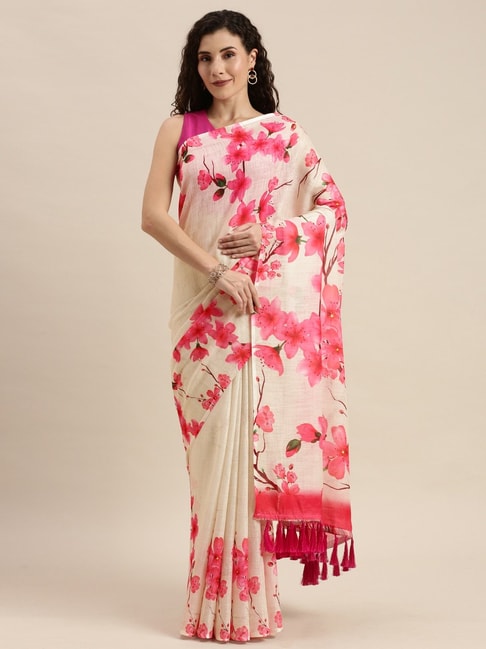 Vastranand Off-White Floral Print Saree With Unstitched Blouse Price in India