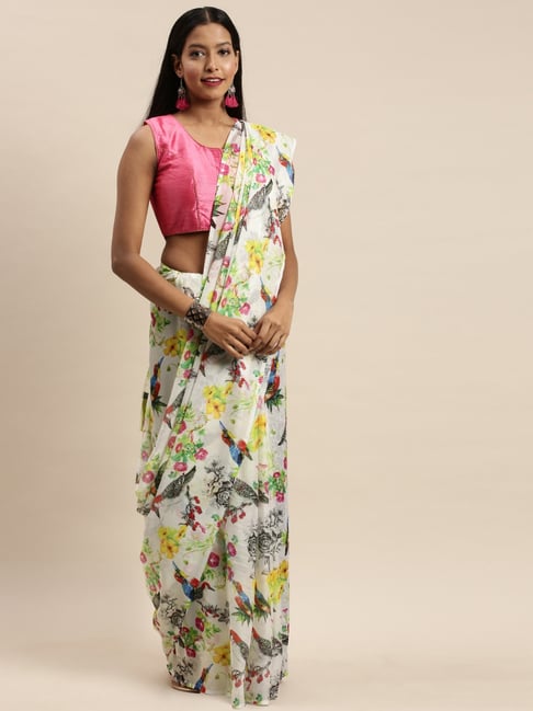 Vastranand White & Green Floral Print Saree With Unstitched Blouse Price in India