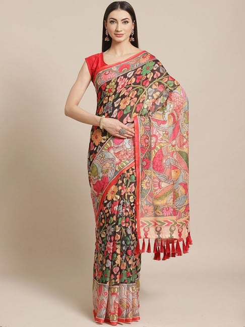 Vastranand Black & Pink Floral Print Saree With Unstitched Blouse Price in India
