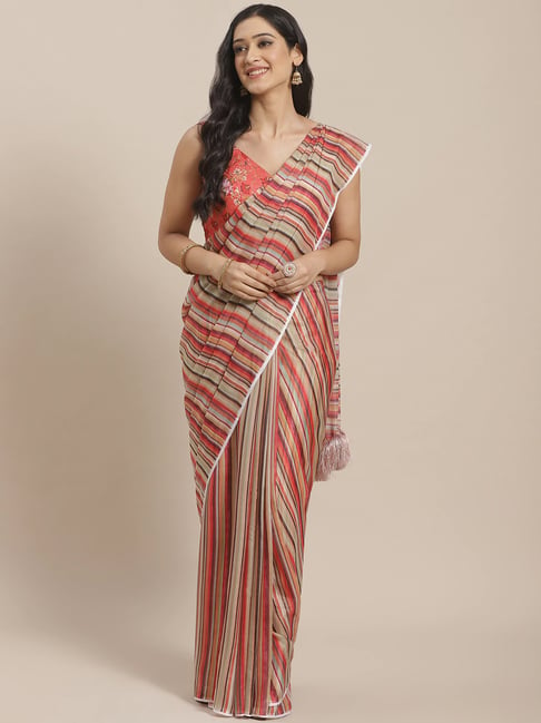 Vastranand Red Striped Saree With Unstitched Blouse Price in India