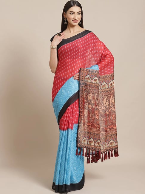 Vastranand Red & Blue Printed Saree With Unstitched Blouse Price in India