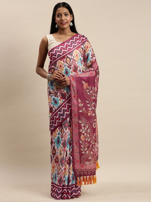 Vastranand White & Magenta Printed Saree With Unstitched Blouse Price in India