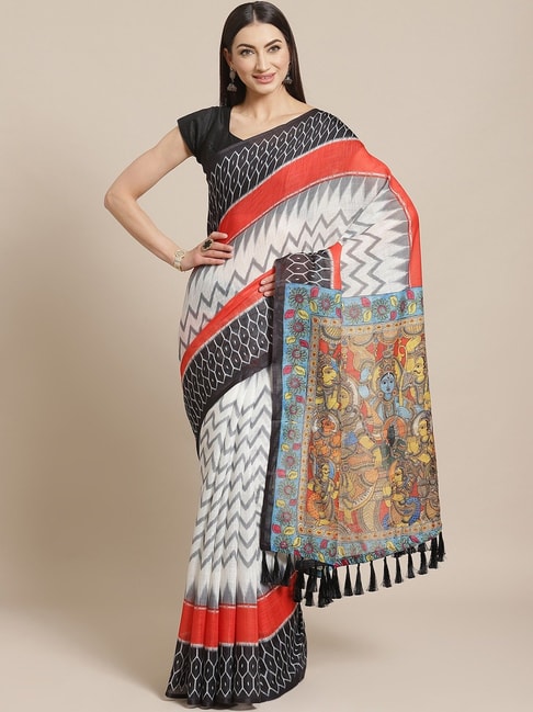 Vastranand White & Coral Printed Saree With Unstitched Blouse Price in India