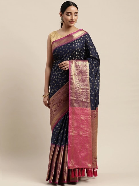 Vastranand Navy Woven Saree With Unstitched Blouse Price in India