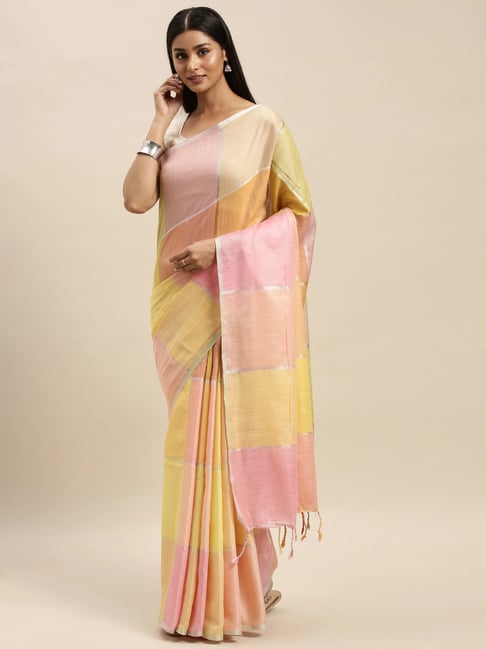 Vastranand Pink & Yellow Chaquered Saree With Unstitched Blouse Price in India