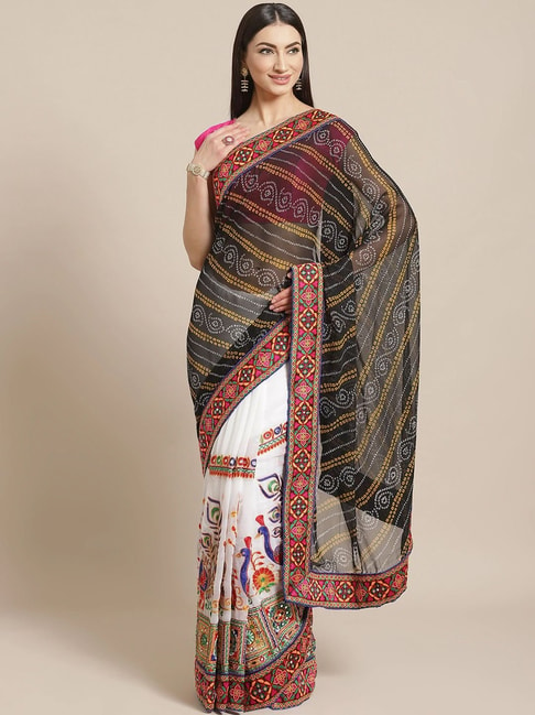 Vastranand Black & White Embroidered Saree With Unstitched Blouse Price in India