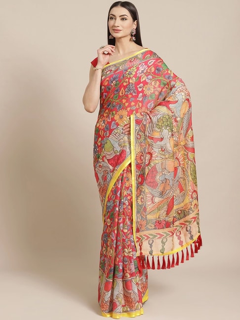 Vastranand Red Floral Print Saree With Unstitched Blouse Price in India