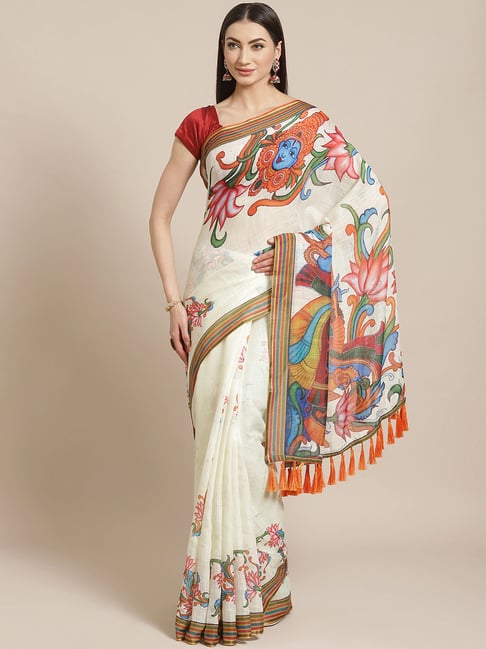 Vastranand Cream Printed Saree With Unstitched Blouse Price in India