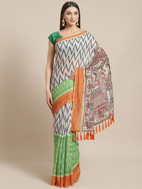 Vastranand Off-White & Grey Printed Saree With Unstitched Blouse Price in India