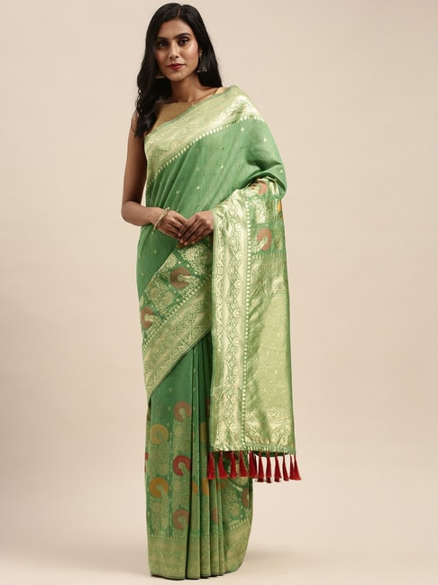 Vastranand Green Cotton Woven Saree With Unstitched Blouse Price in India