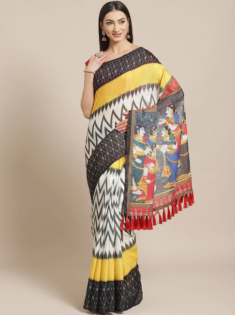 Vastranand White & Yellow Printed Saree With Unstitched Blouse Price in India