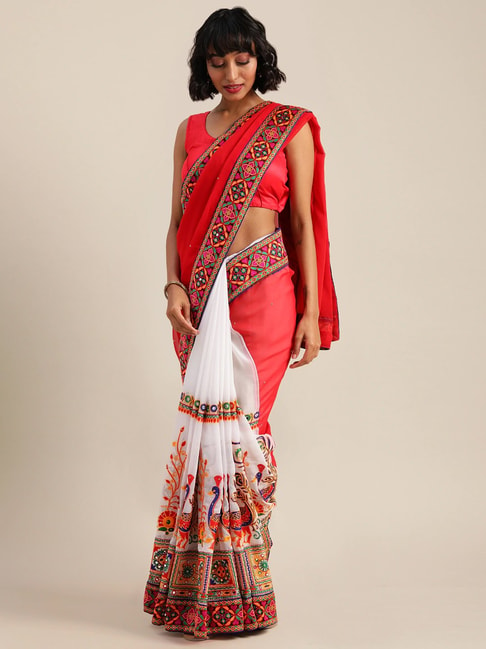 Vastranand Red & White Embroidered Saree With Unstitched Blouse Price in India