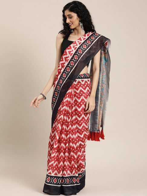 Vastranand Red & White Printed Saree With Unstitched Blouse Price in India