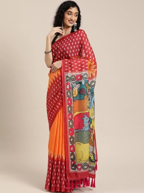 Vastranand Orange & Red Printed Saree With Unstitched Blouse Price in India