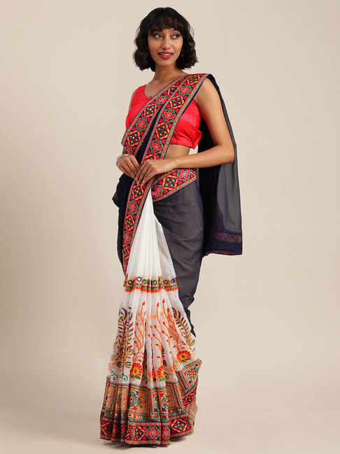 Vastranand Navy & White Embroidered Saree With Unstitched Blouse Price in India