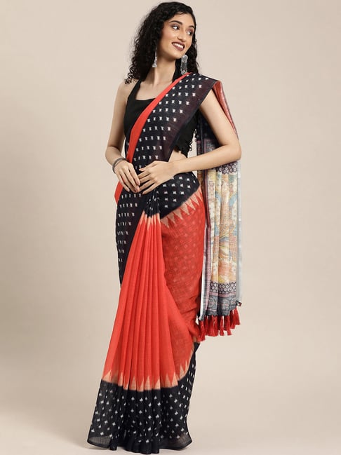 Vastranand Orange & Black Printed Saree With Unstitched Blouse Price in India