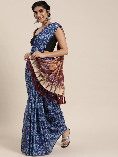 Vastranand Navy Printed Saree With Unstitched Blouse Price in India