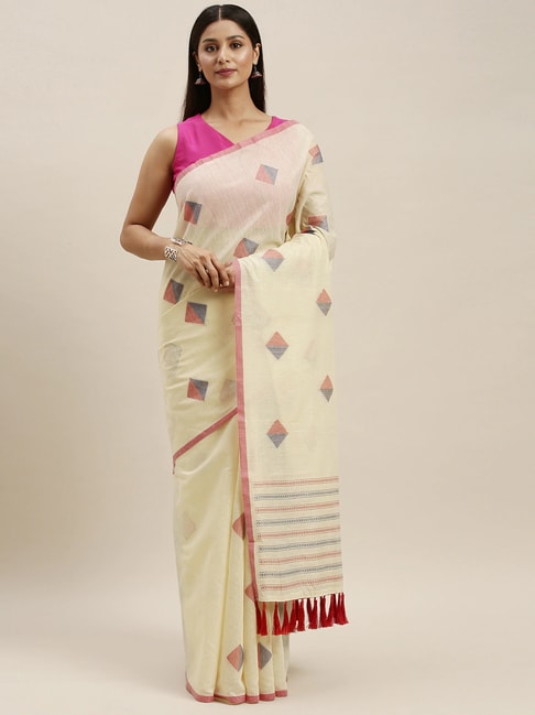 Vastranand Cream Woven Saree With Unstitched Blouse Price in India