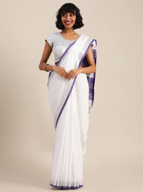 Vastranand White & Purple Linen Saree With Unstitched Blouse Price in India