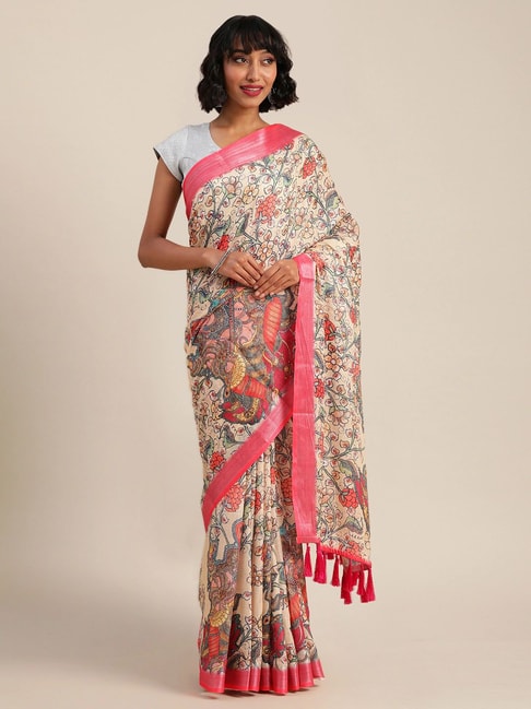 Vastranand Cream Linen Printed Saree With Unstitched Blouse Price in India