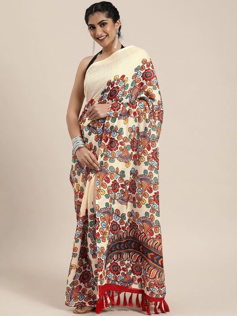 Vastranand Cream Floral Print Saree With Unstitched Blouse Price in India